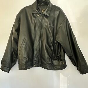 Saxon Leather Jacket Mens Black Bomber Style Full Zip Hawker Embroidered LG